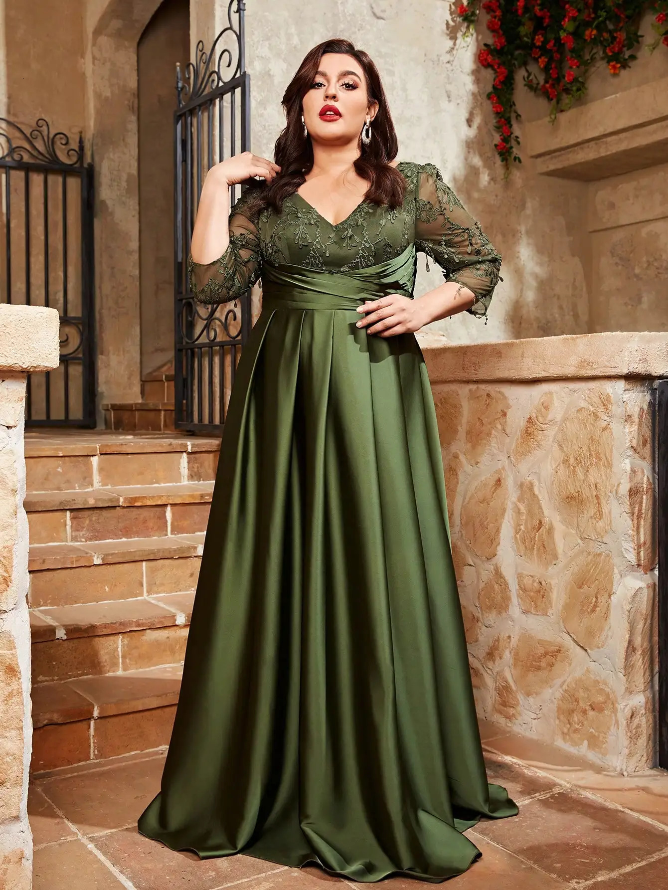 Mgiacy Plus Vneck Lace Embroidered Mosaic Satin Fabric Hand Folding Long Dress Evening Ball 250506