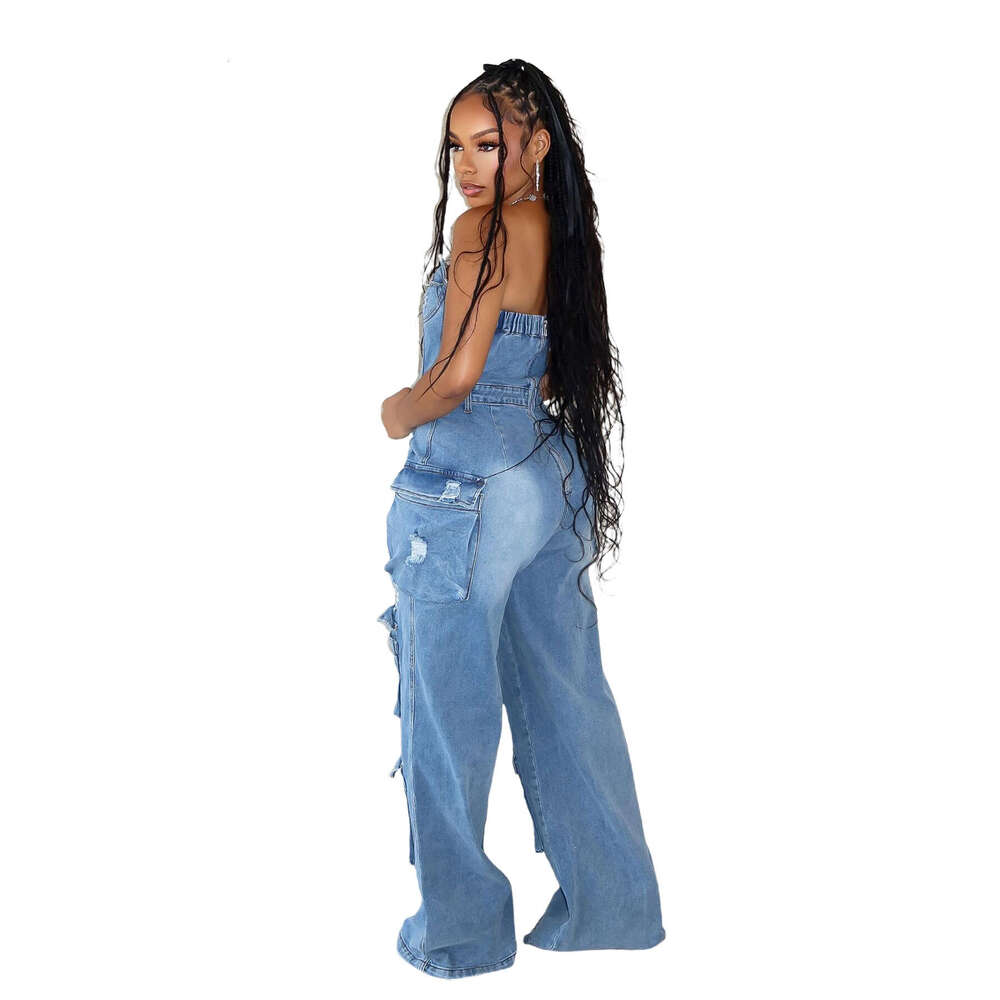 Wide Leg Jumpsuit New Casual And Fashionable Strapless Women S Slim Fit Denim Jumpsuit Work Pants