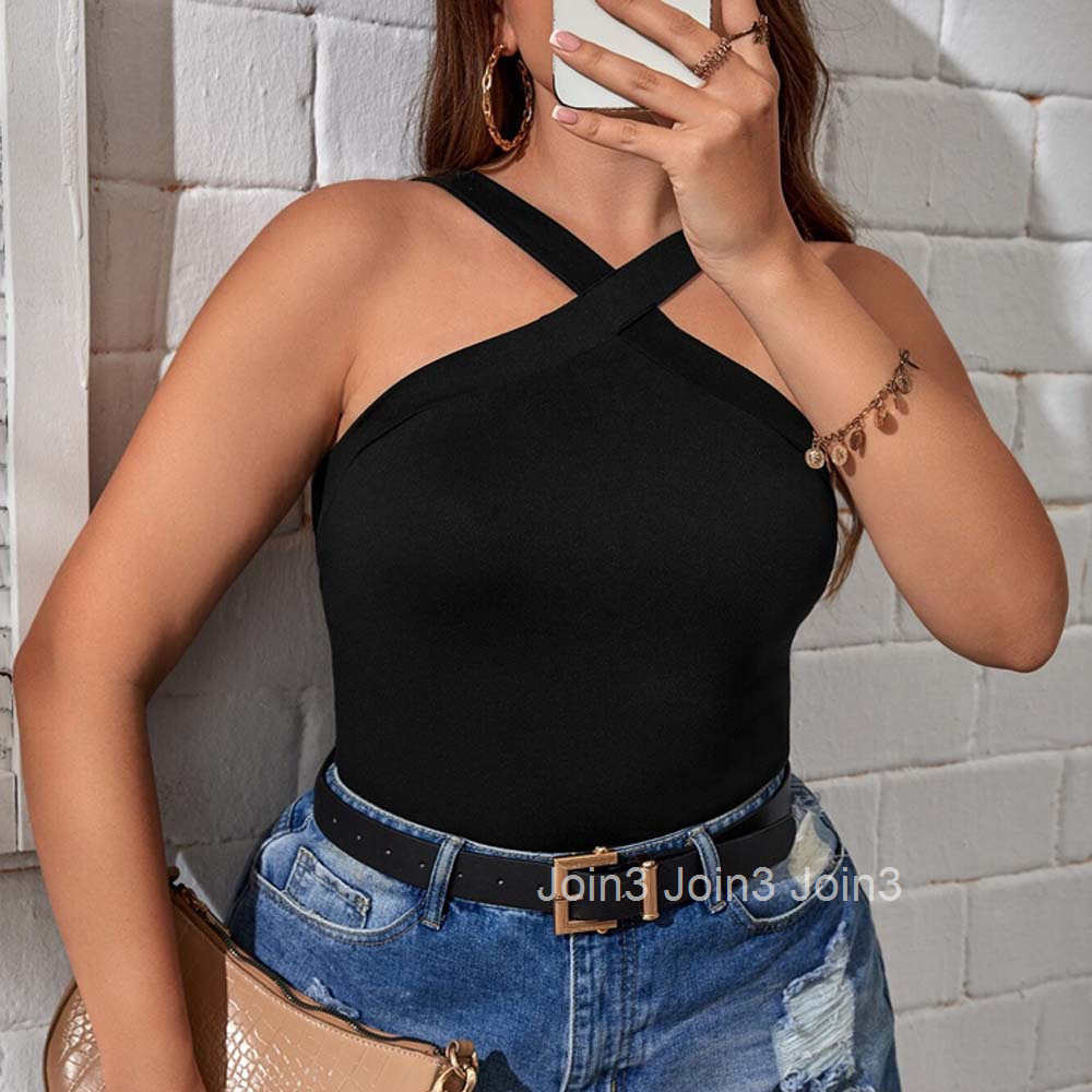 Plus Size Womens Instagram Sexy Tank Top Summer New Slim Fit Short Hanging Neck Top