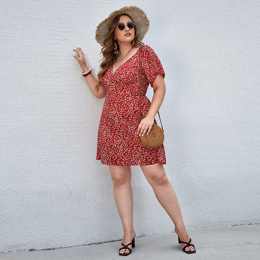 Plus Size Womens Spring and Summer Sexy V-neck Small Floral Beach Vacation Home Casual Dress