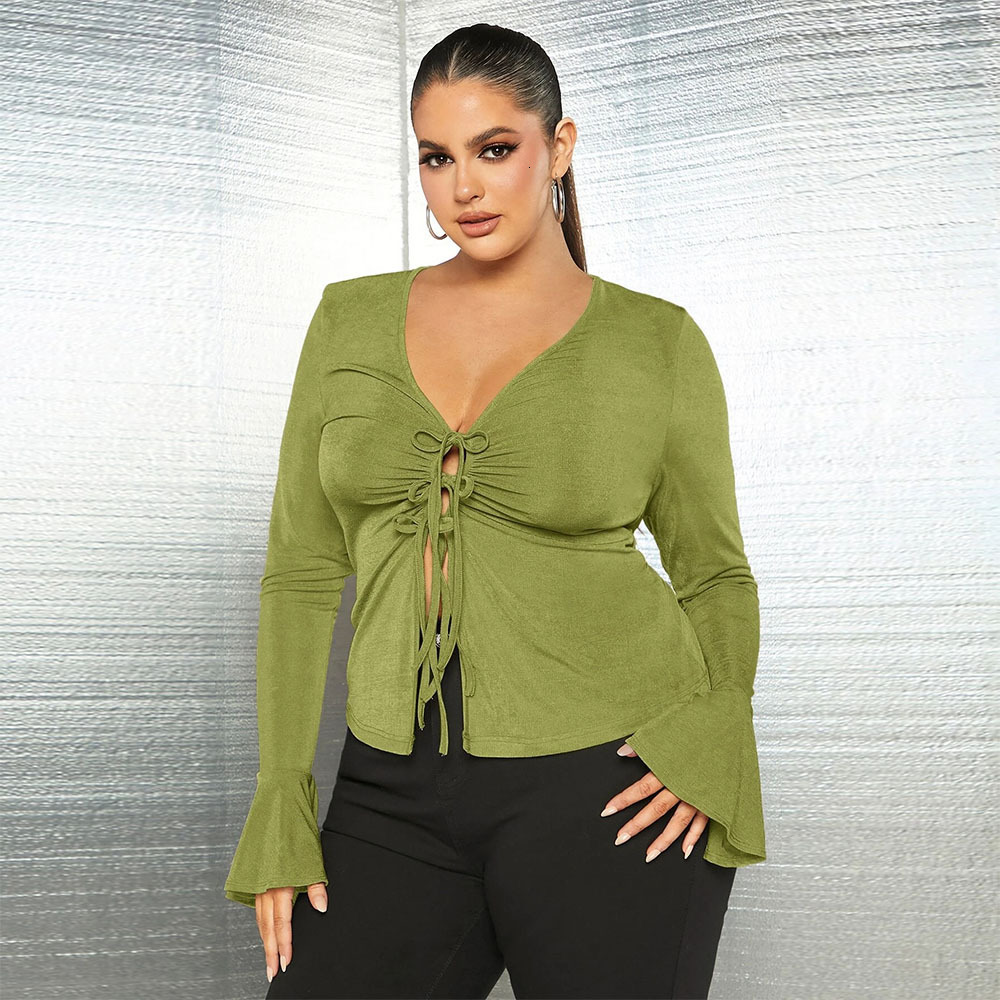 Large Womens Slim Fit Strap V-neck Knitted Long Sleeve Temperament Sexy Top Womens Shirt