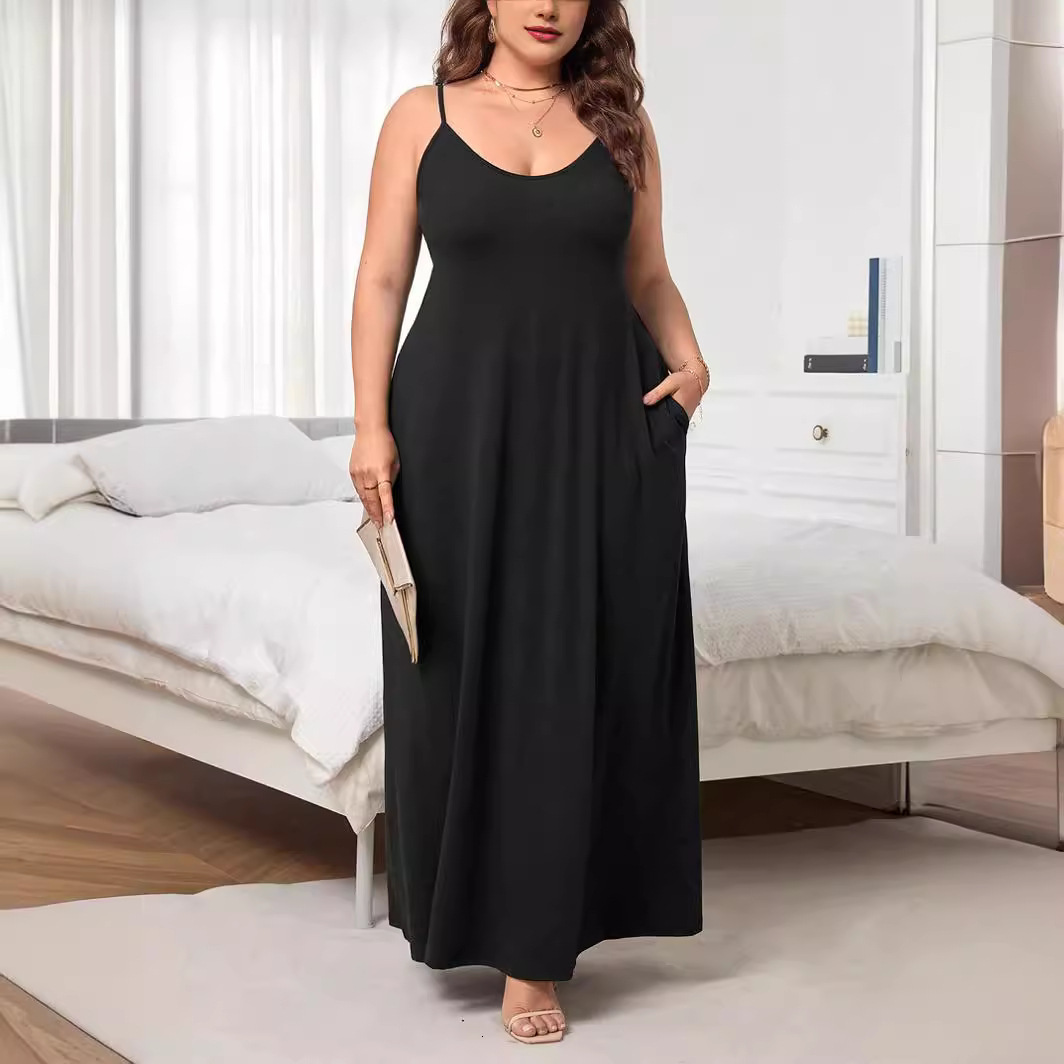 Plus Size Womens U-neck Sleeveless Dress Summer New High Waisted Solid Color Mid Length Skirt