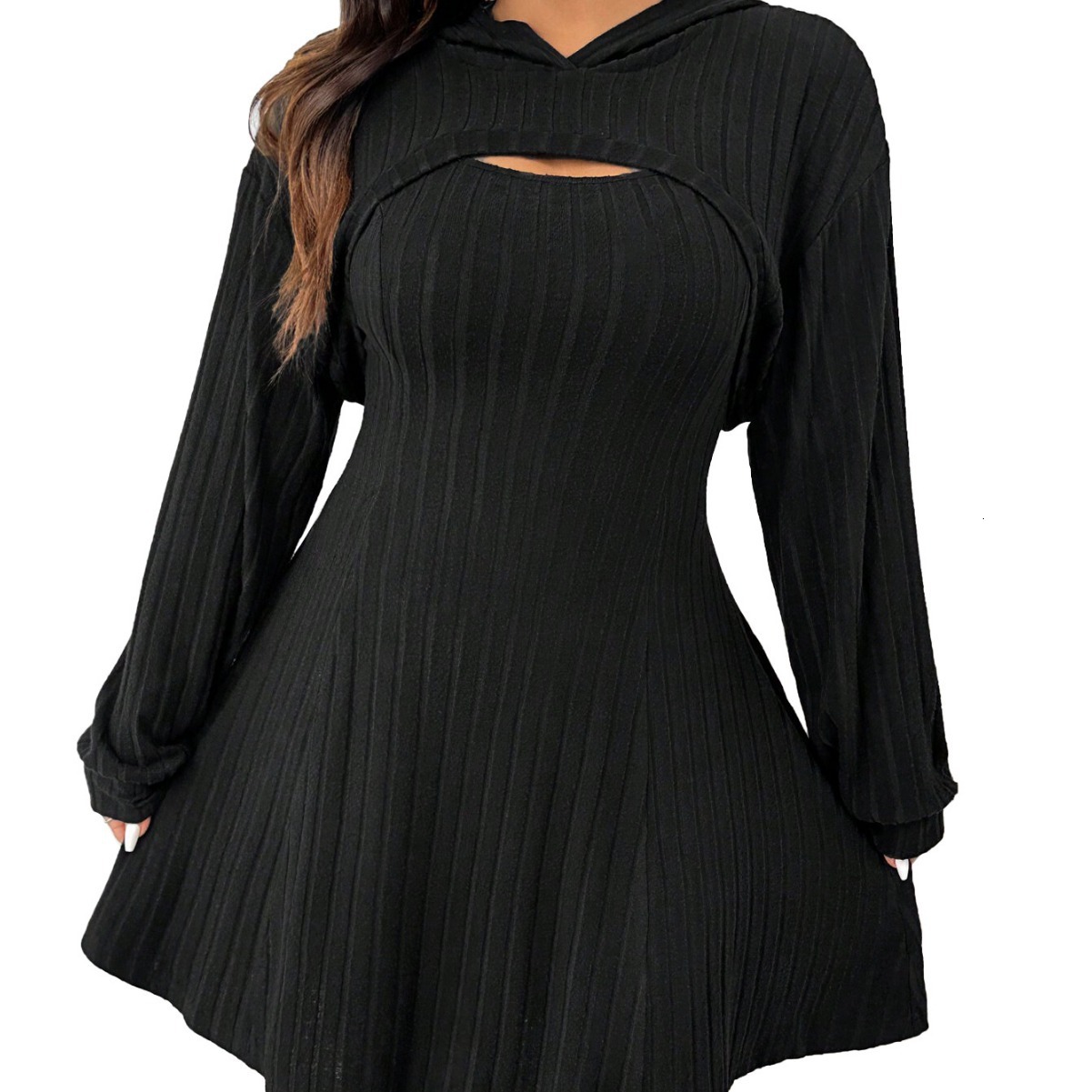 Plus Size Womens Clothing Simple Sweet Style Fashion Set Autumn and Winter Hooded Shawl Short Skirt Two-piece Set
