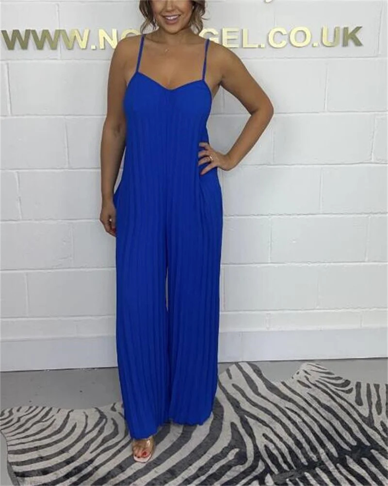Plus-size womens jumpsuit full-body pressure pleated solid color sleeveless suspenders jumpsuit plus-size womens clothing 250515