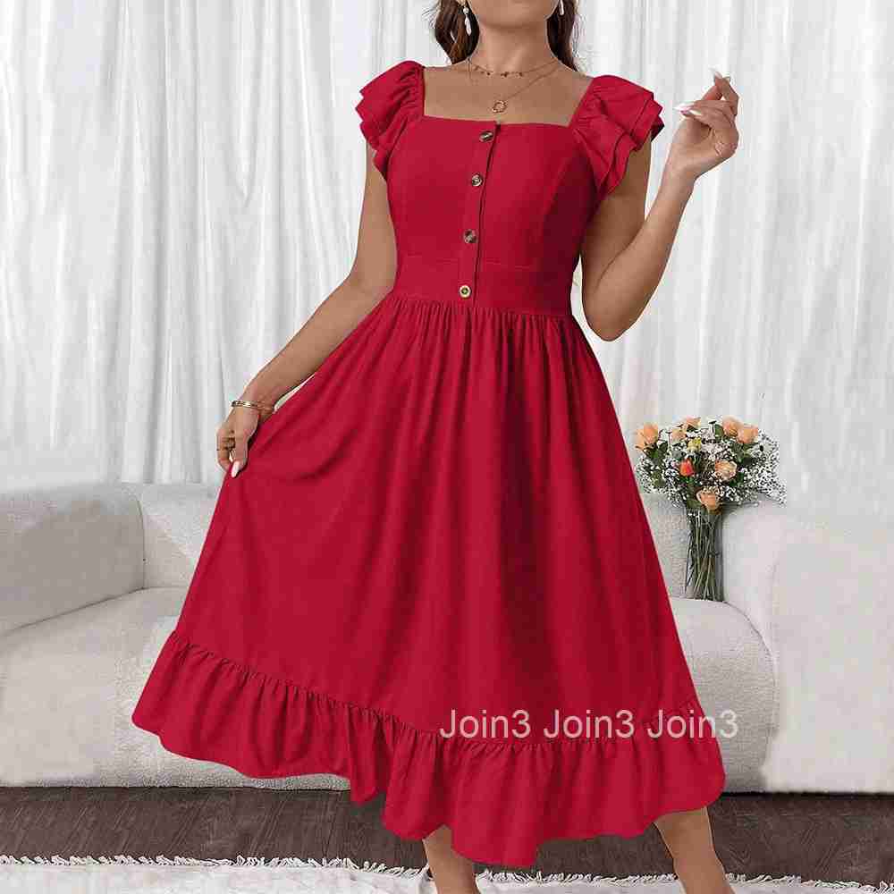 Large Size Womens French Square Neck Small Fly Sleeve Dress Summer New Style Vacation Red Dress for Women