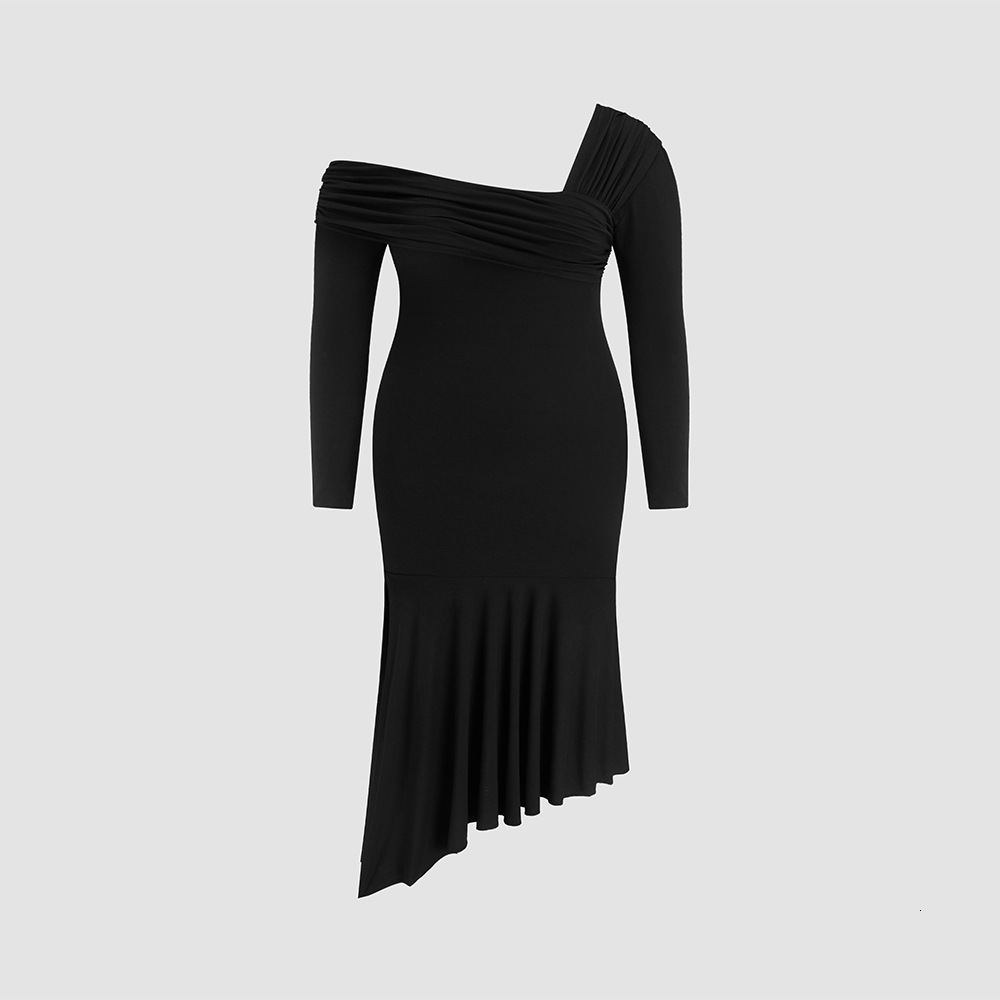 Large Size Womens Dress with a Socialite Style Design Autumn and Winter Slanted Collar Off Shoulder Slit Mid Length Skirt
