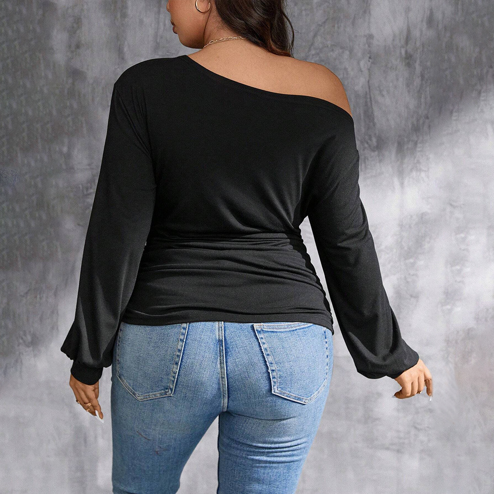 Large Size Womens Mature Pure Desire T-shirt Autumn and Winter Sloping Collar Off Shoulder Design Top