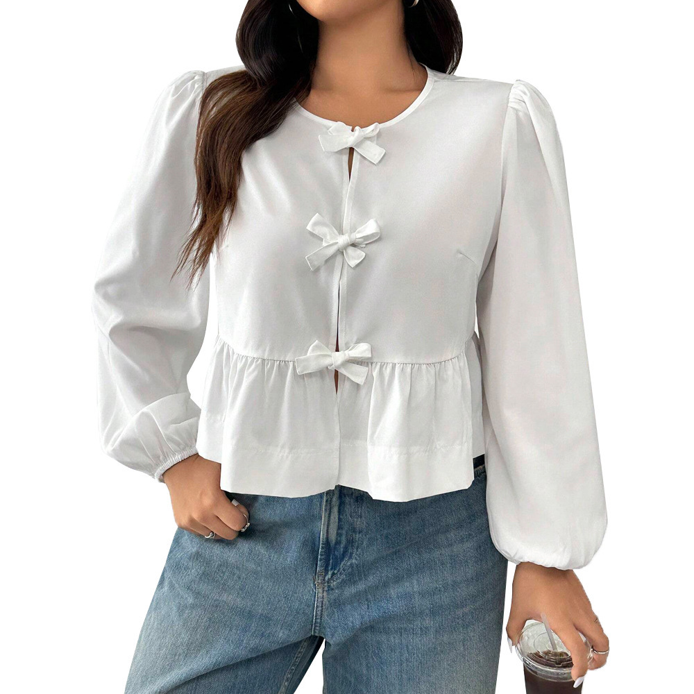 Plus Size Womens Gentle Solid Color T-shirt Autumn and Winter Bubble Sleeve Bow Cardigan Top