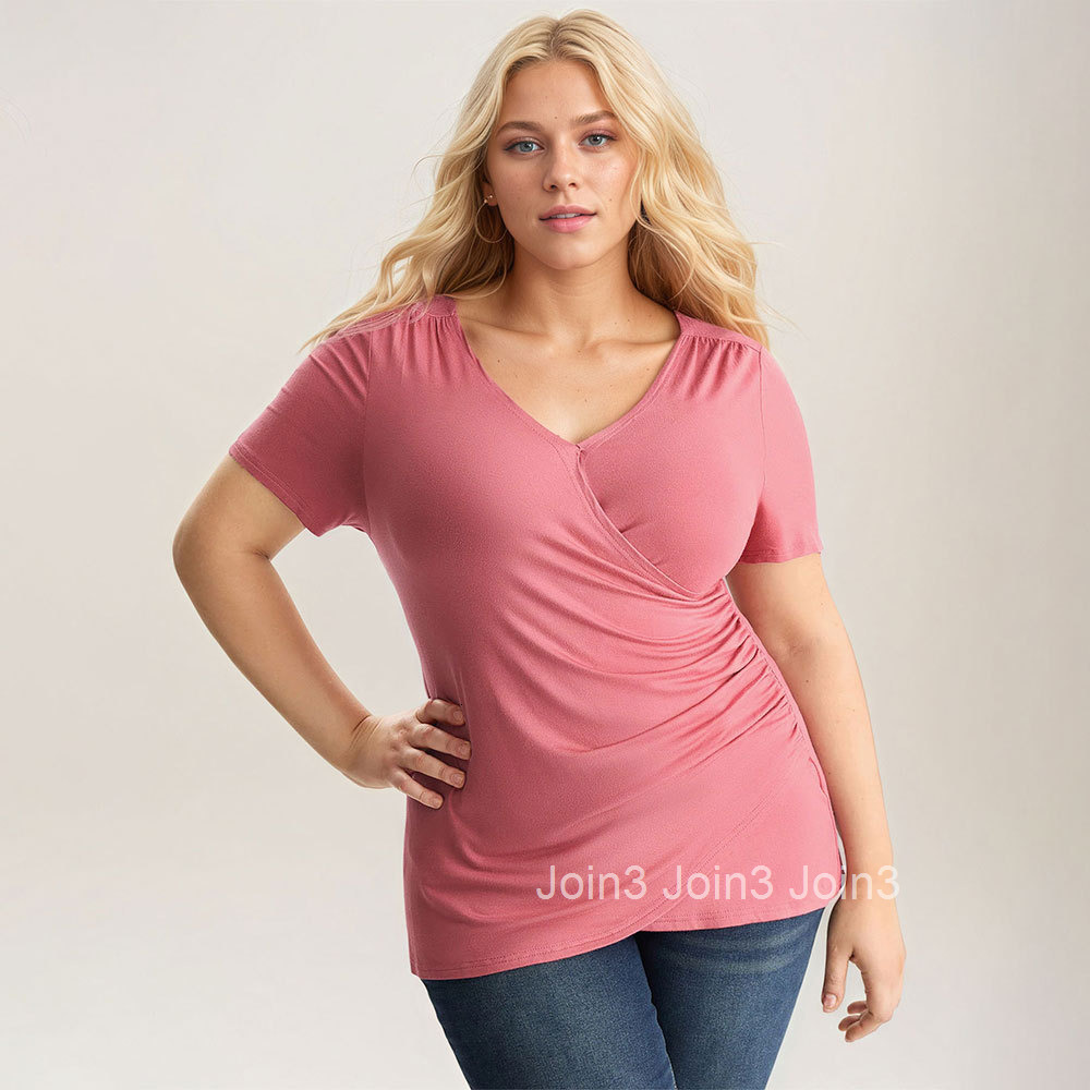 2025 New Plus Size Womens Pink Minimalist Style Versatile Commuting T-shirt Slimming Short Sleeved Top