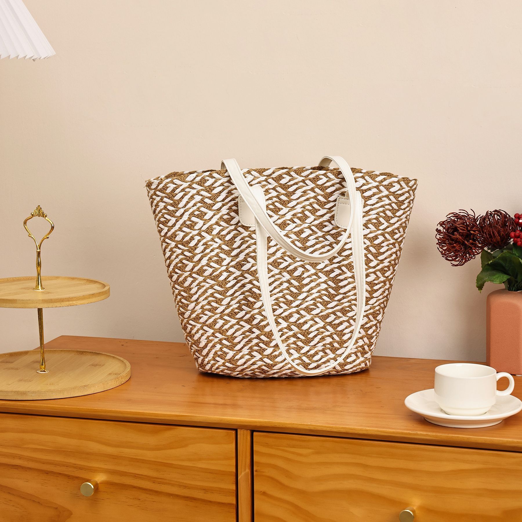 2025S designer new large capacity French woven women travel vacation tote simple striped shoulder student commuting bag