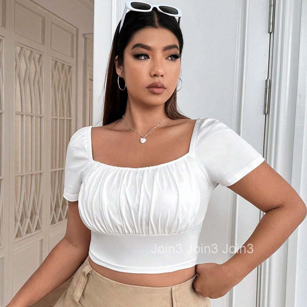 Plus Size Womens Elegant Style Square Neck T-shirt Summer New Slim Fit Solid Color Short Top