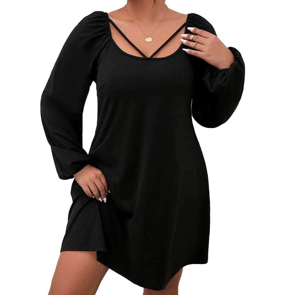 Large Size Womens Autumn and Winter New Collection Waist Cinched A-line Skirt with Bubble Sleeves and Square Collar Temperament Dress