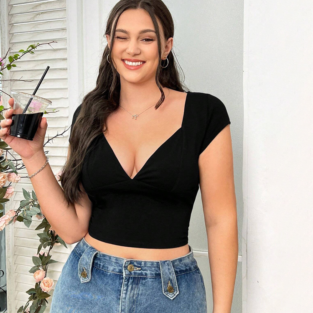 Large Size Womens V-neck Slim Fit Short Sleeved T-shirt for Summer Sexy Pure Desire Temperament Short Top for Women