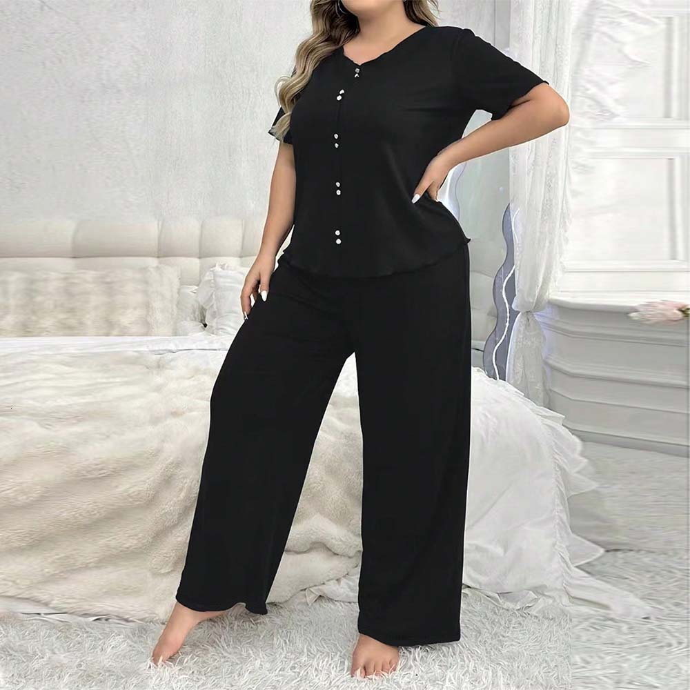 Simple Leisure Style Large Size Home Clothing Set Summer Short Sleeve Two Piece Set for Women