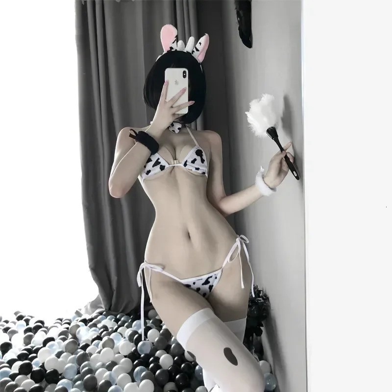 Women Cosplay lingerie underwear Lolita Bra and Panty Set Japanese Anime COS Flannel Cute Sexy Cow Lace Up Bandage Bikini Bras 250515