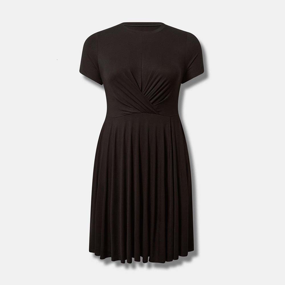 Plus Size Womens Elegant Round Neck Short Sleeved Dress Summer New Collection Waist Cinching Pleated Short Skirt