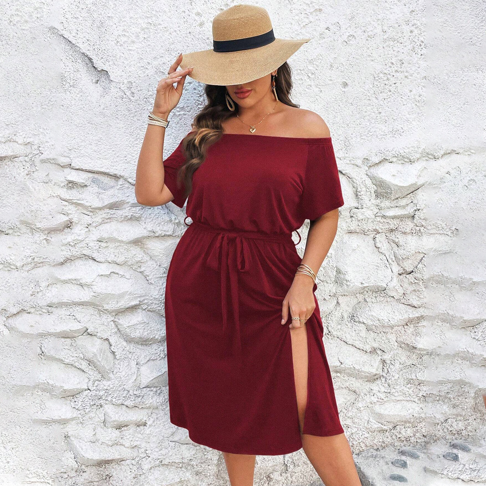 Plus Size Womens Vacation Style Red Dress Summer One Neck Beach Midi Skirt