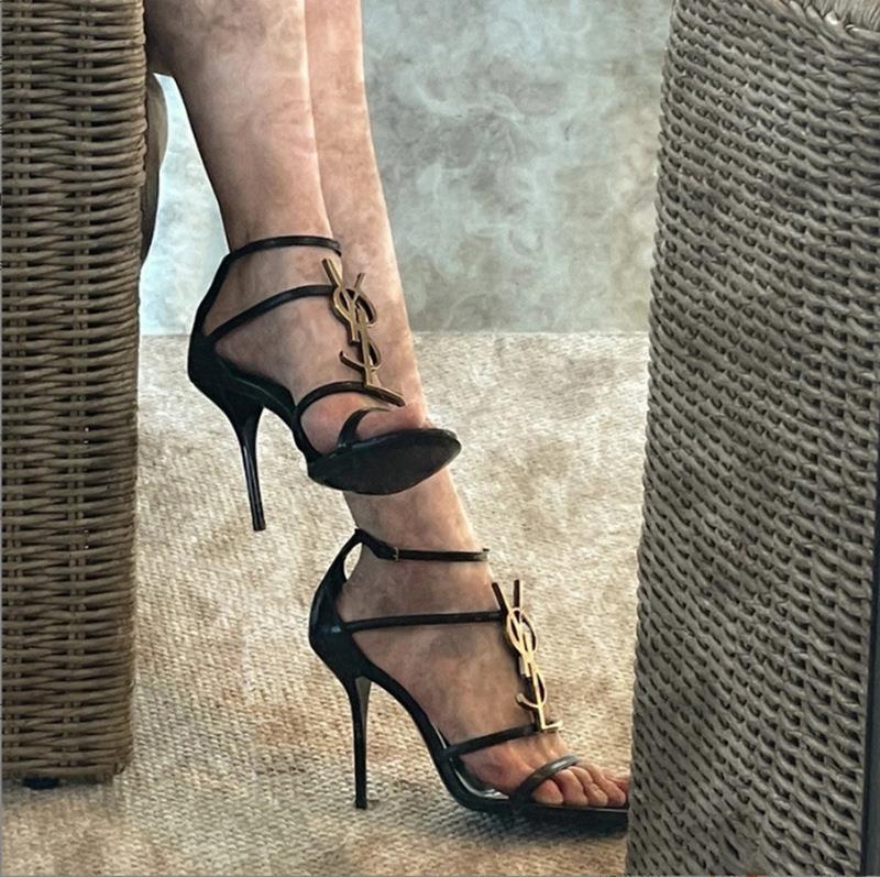 free Shipping One string sandals Designer Versatile Letter buckle Fine and fine Peep Toe Black thin heeled high heels 2025