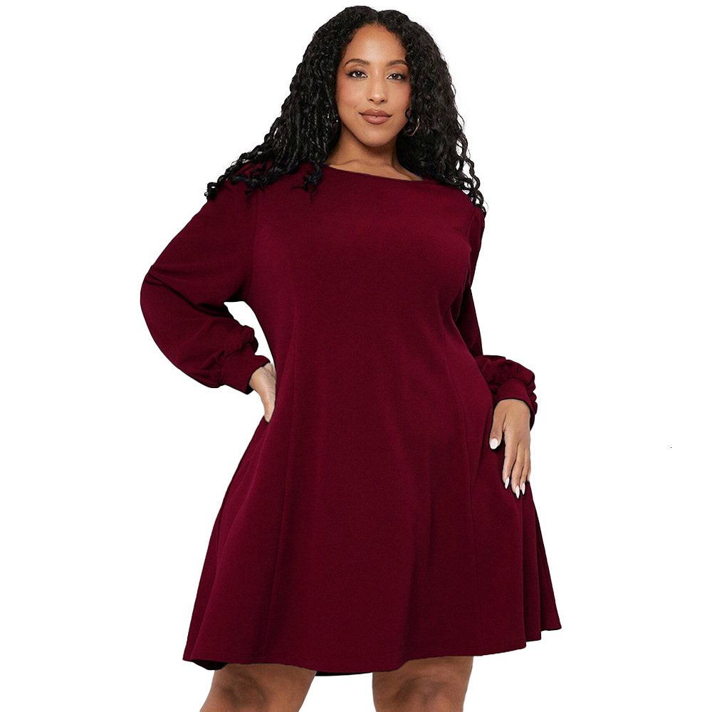 Large Size Womens Clothing Autumn and Winter New Collection Waist Cinching Large Skirt Round Neck Long Sleeved Fashionable Temperament Dress