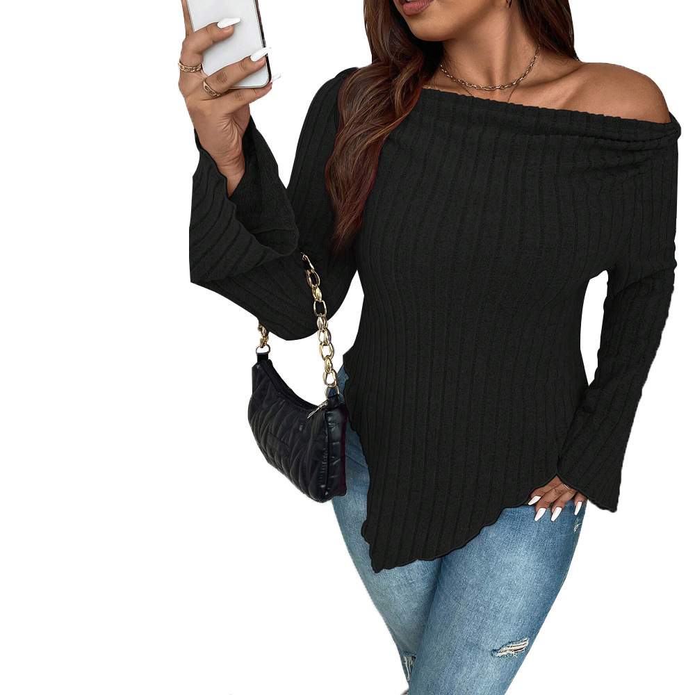 Autumn and Winter Plus Size Womens One Collar Long Sleeved T-shirt Slim Irregular Top