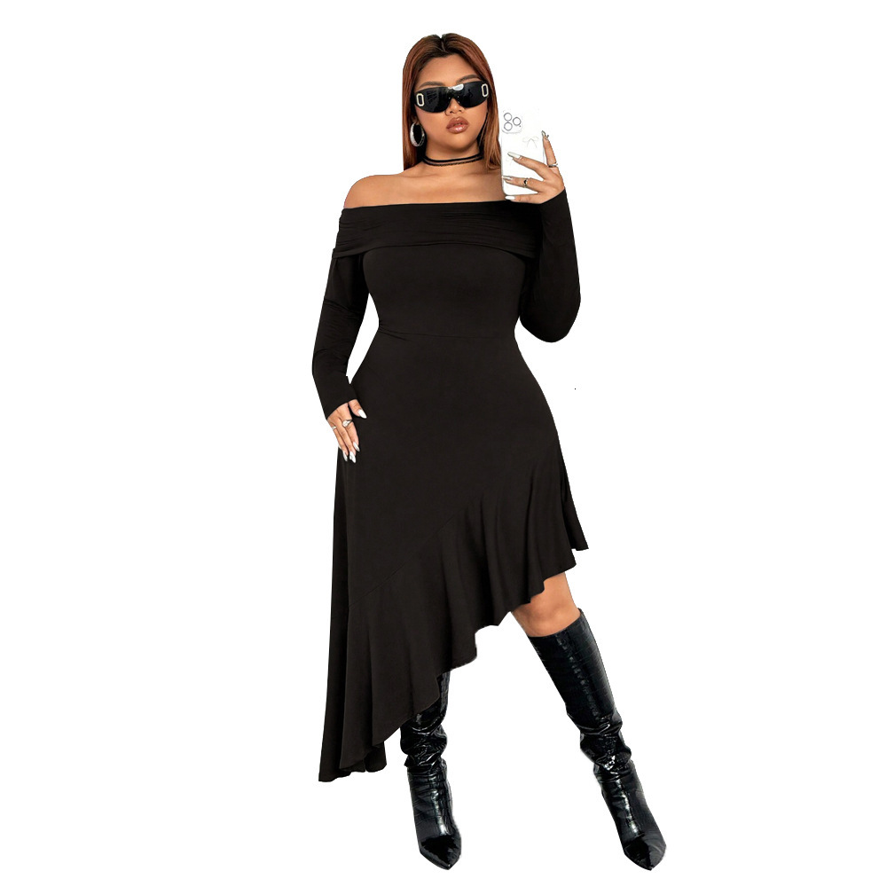 Plus Size Womens Elegant Dress Autumn and Winter One Neck Black Fungus Edge Mid Length Skirt