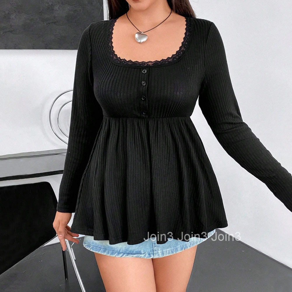 Womens Urban Casual Long Sleeve Knitted Bottom Shirt with Lace u Neck Slim Fit Intellectual and Skinny Appearance
