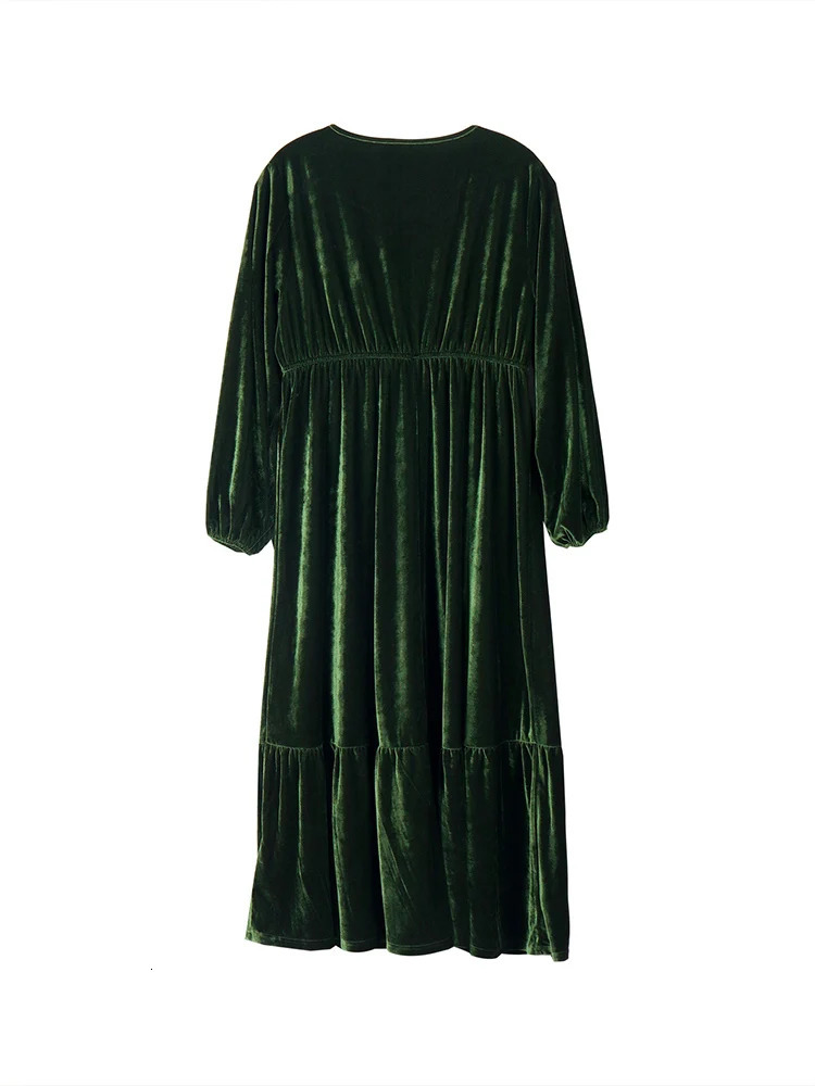 Plus size velvet Vneck Aline dress for womens waist elegant highend long sleeved solid color 250506