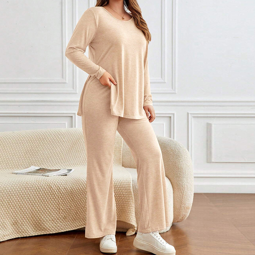 Large Size Womens Casual Round Neck Slit Long Sleeved T-shirt Top Wide Leg Pants Set Two-piece Set