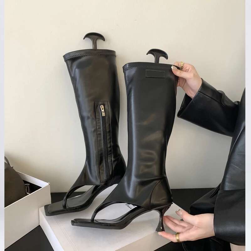 Eilyken Sier Open Toe Clip-On Knee High Boots Women Modern Booties Thin Low Heels Side Zipper Spring Party Pumps Sandals Shoe