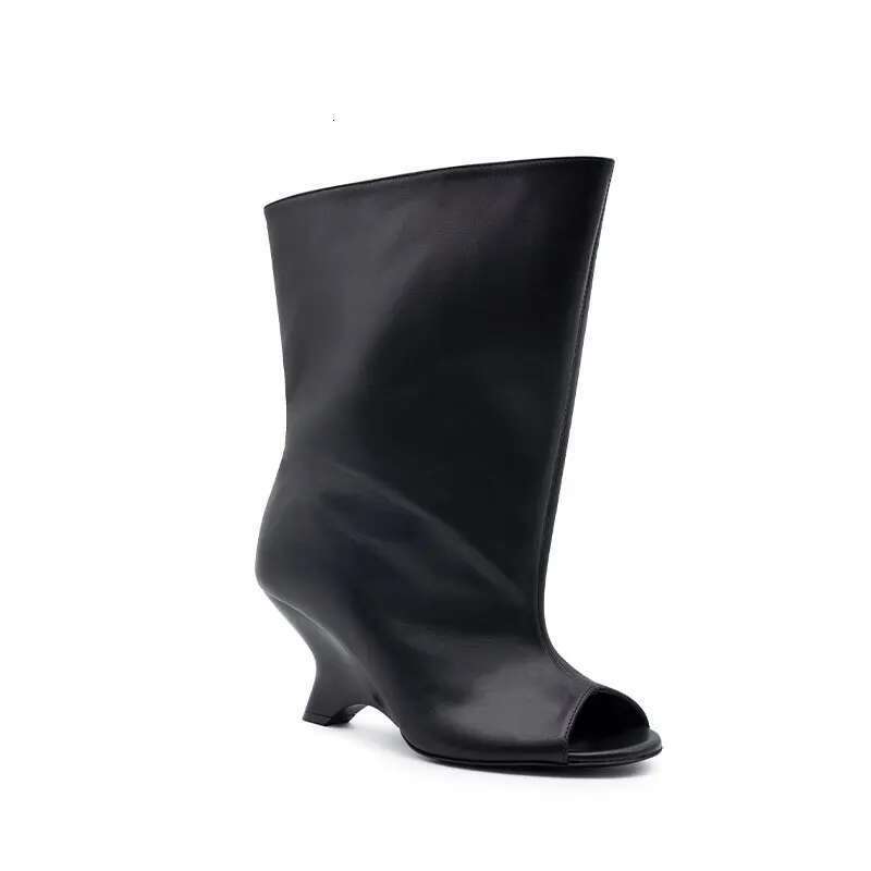 Spring/Summer New Women's Fish Mouth Thick High Heels Knee Fashion Round Head Slope Heel 34-43 Medium Length Boots