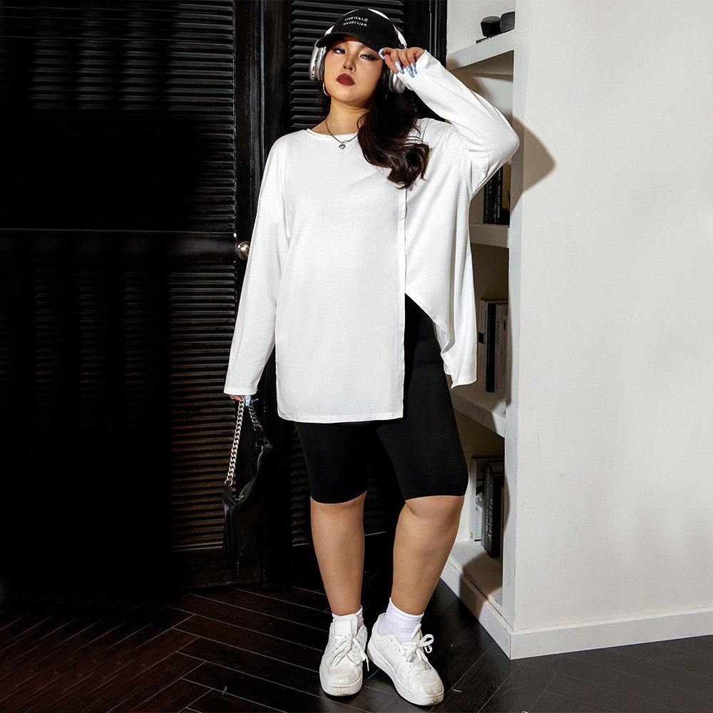 Large Size Womens Autumn/winter Side Slit T-shirt Design Sense Base Shirt Loose Long Sleeved Top