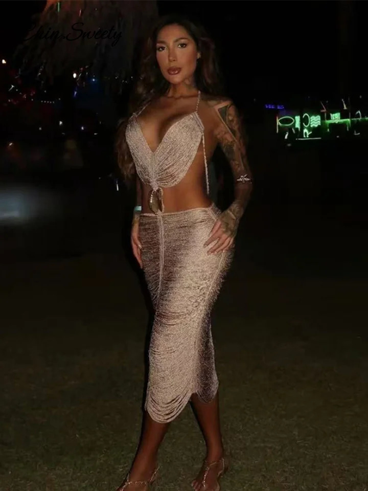 Sexy Shell Tassel Halter Long Dress Women Hollow Out Sleeveless Backless Maxi Dresses 2025 Summer Y2K Party Club Beach Gowns 250515