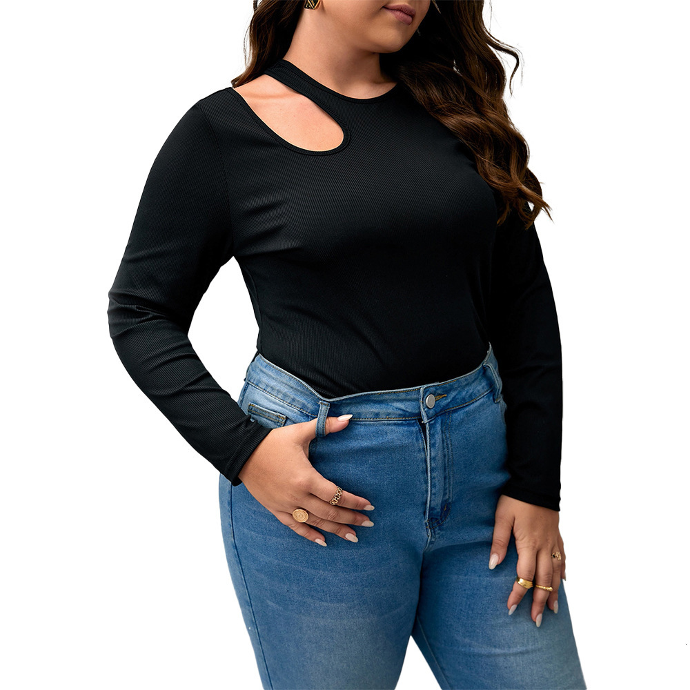 Large Size Womens Black Threaded Knitted Sweater with Round Neck and Long Sleeved Base Slim Fit with Hollowed Out Top Inside
