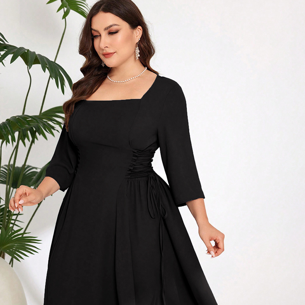 Plus Size Womens Elegant Style Square Neck Dress Autumn and Winter High-end Sense Age Reducing Design Sense Mid Length Skirt