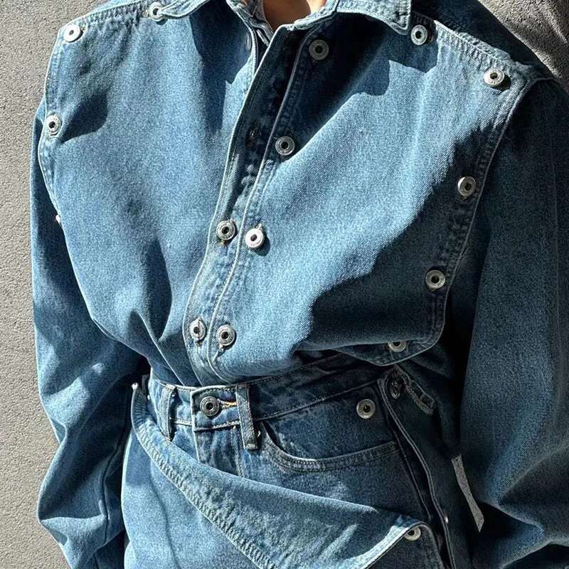 Spring Fashion Ladies 2 Pieces Long Sleeve Double Breasted Jean Jackets & Mini Shorts Skirt Vintage Women Denim Set