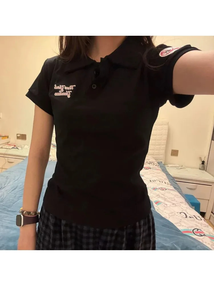 Y2K Black Vintage Women T Shirts Harajuku Letter Print Short Sleeve Tops American Summer Slim Gyaru Lapel Tees 250515