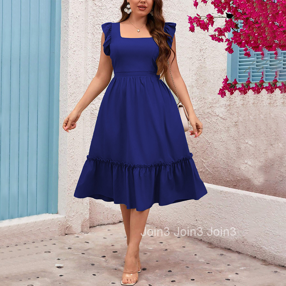 Plus Size Womens Square Neck Lotus Leaf Sleeve Dress Summer New Style Vacation Casual Mid Length Skirt