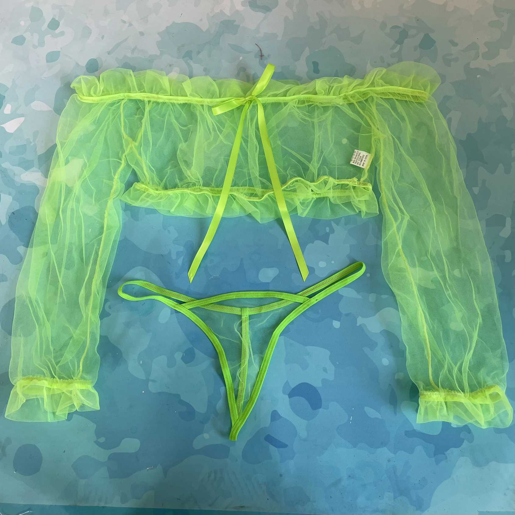 Ellolace Transparent Lingerie Off Shoulder Sensual Ruffle Exotic Costumes Long Sleeve Lace Hot Sexy Sissy Top Thong Short Sets W250516