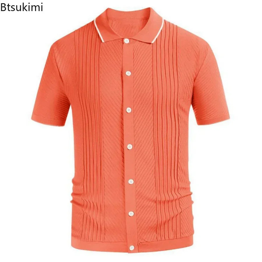 2025 Mens Summer Short Sleeve Polo Shirts Knitted Lapel Cardigan Top Stripe Stitching Men Polo Tee Shirt Fashion Camisa Hombre 250515