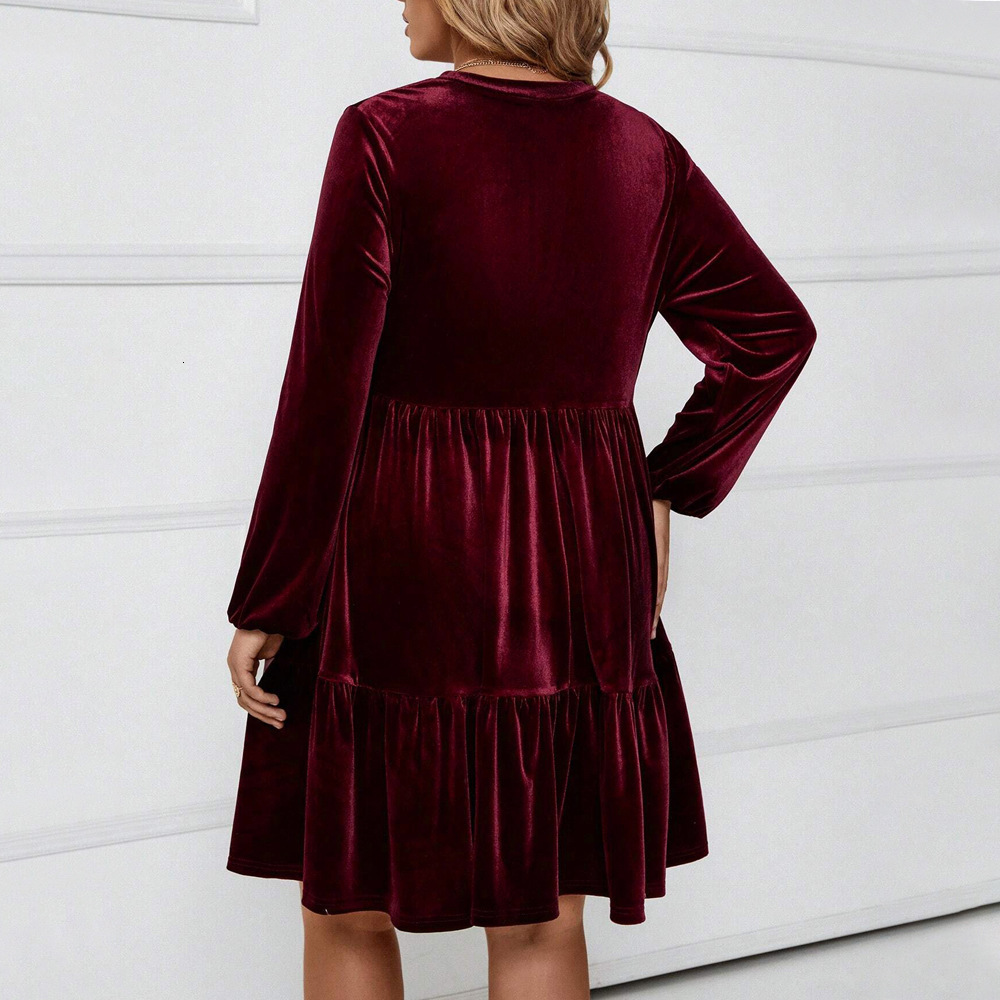 Plus Size Womens Elegant Style Dress Autumn and Winter Korean Velvet Wine Red Mid Skirt