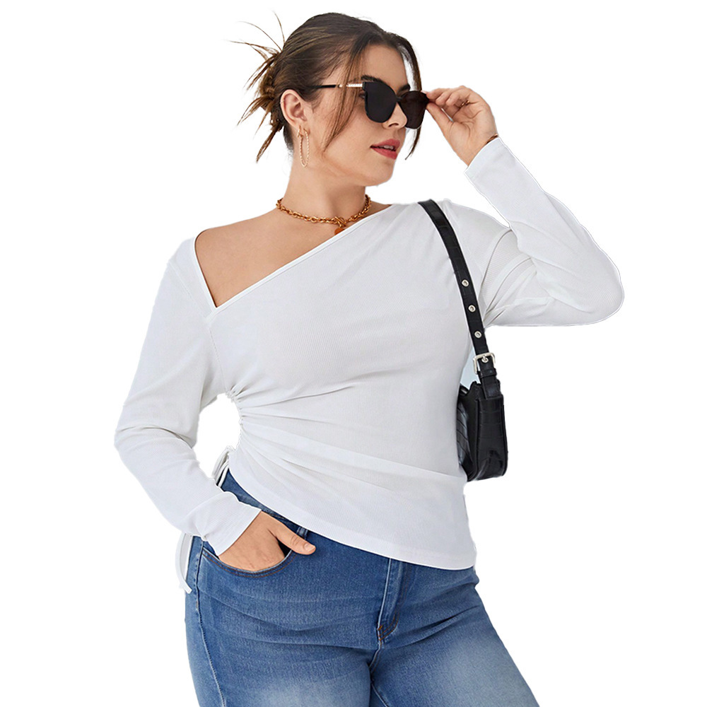 Oversized Womens Clothing Exudes a Sense of Luxury and Temperament with Slim Fit Long Sleeves Slanted Collar Off Shoulder Irregular Pleats and a T-shi