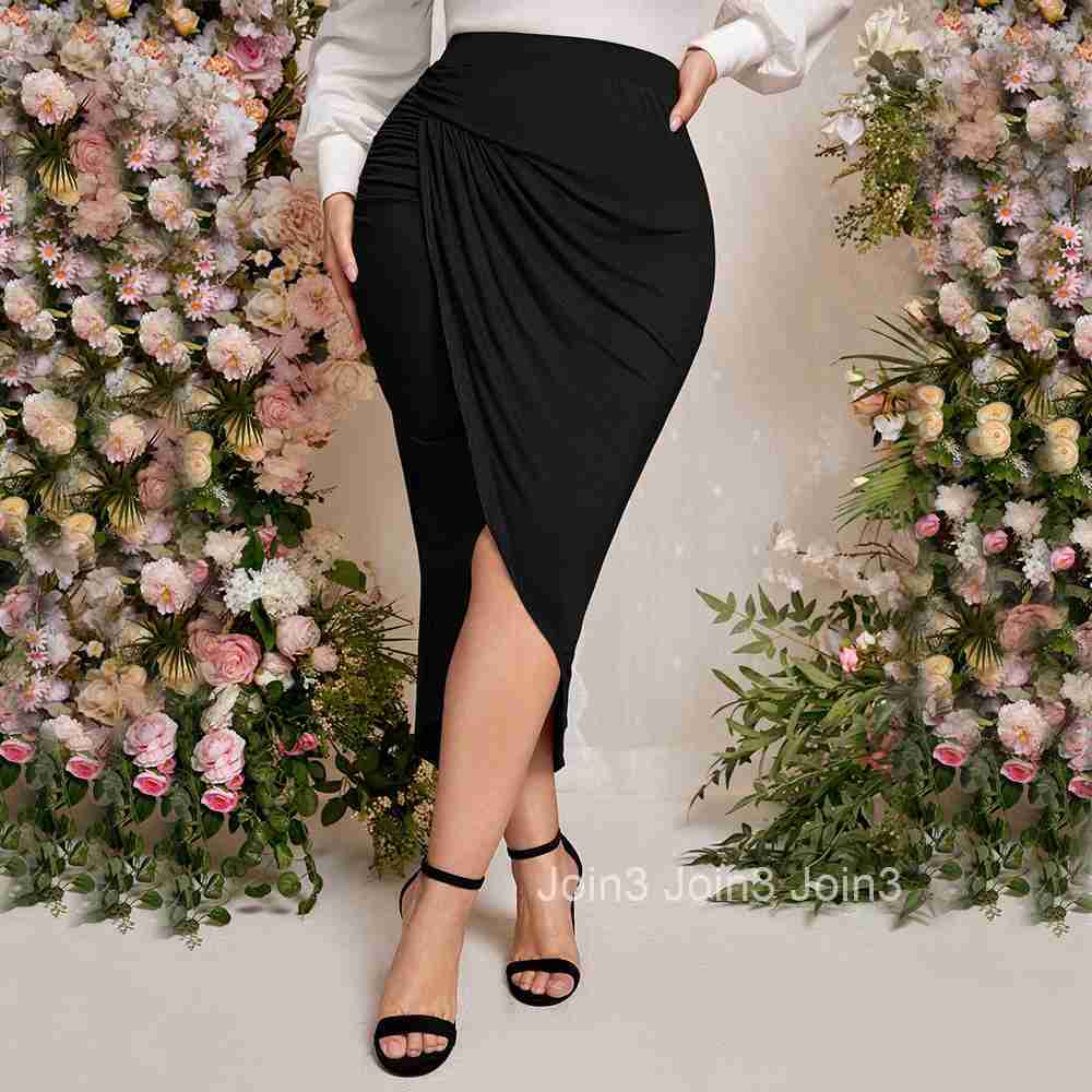 Plus Size Womens Elegant and Intellectual Style Half Skirt Autumn and Winter High Waist Split Hip Hugging Mid Length Skirt