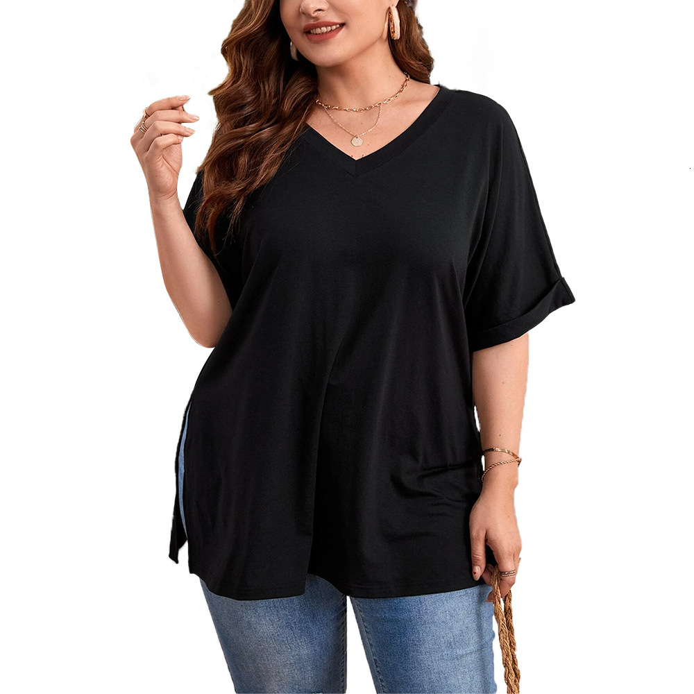 Large Size Womens New Sexy V-neck Loose Casual Slit Solid Color Short Sleeved T-shirt Top