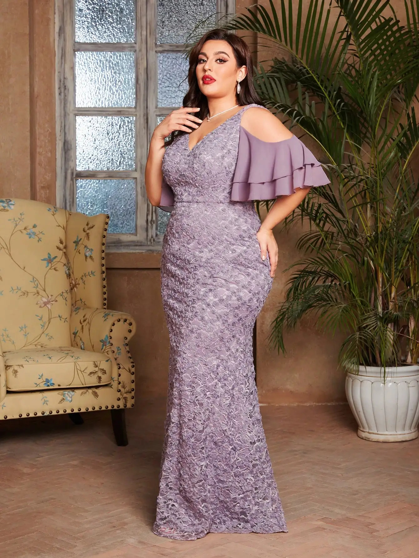Mgiacy plus sizeV-neck romantic three-dimensional lace patchwork chiffon multi-layer off-the-shoulder sleeve fishtail slim dress 250515
