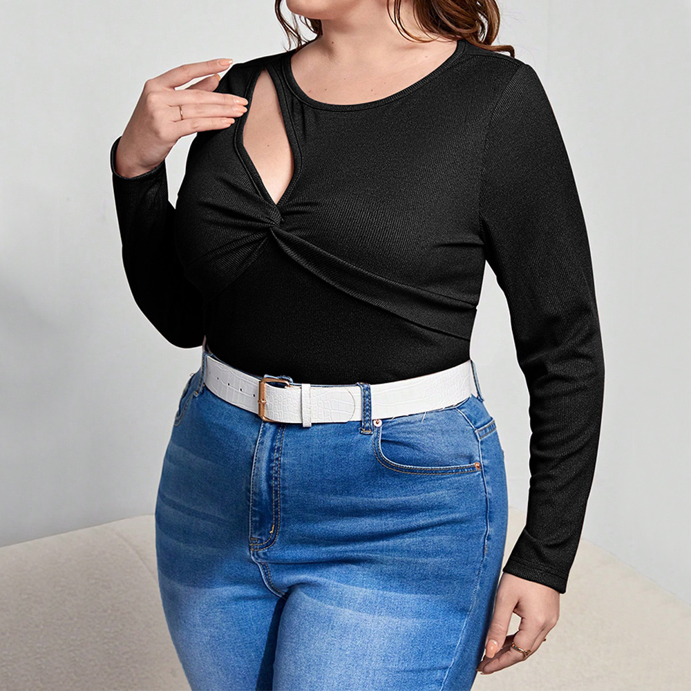 Oversized Womens Autumn and Winter Slim Fit Solid Color Long Sleeved T-shirt with Careful Machine Design Sexy Hollow Top