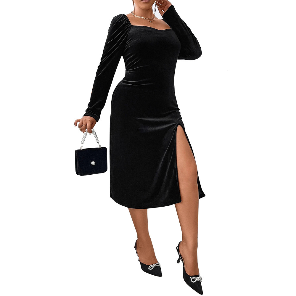 Large Size Womens Autumn and Winter New Slim Fit Bag Hip Slit Velvet Long Sleeved Party Dress