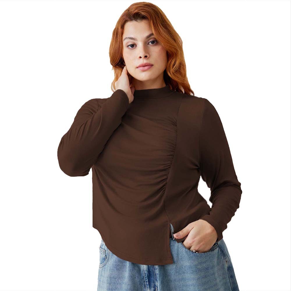 Plus Size Womens Simple Casual Style T-shirt Autumn and Winter Slim Fit Long Sleeved Base Top