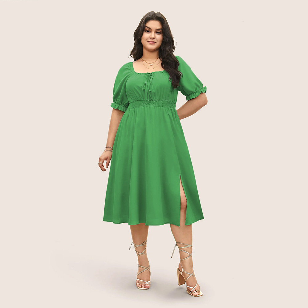 Large Size Womens Square Neck Bubble Sleeve Ruffle Solid Color Waist Cinched Vacation Style Dress