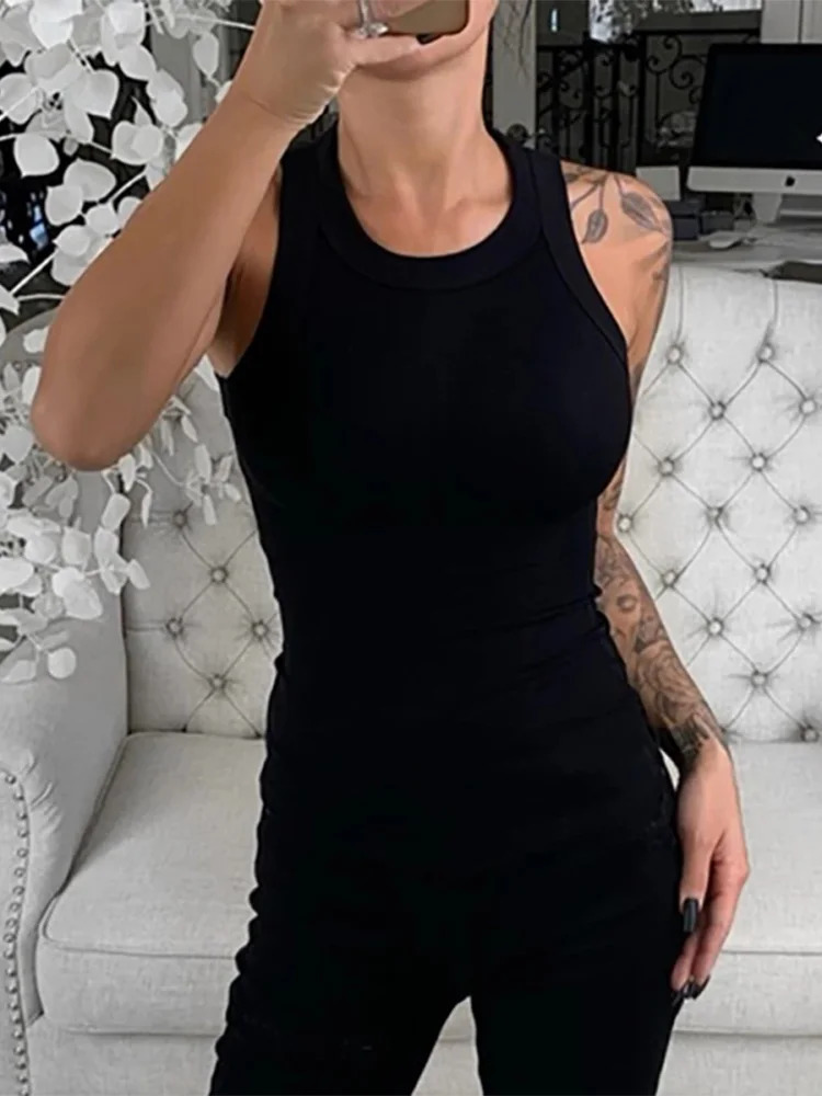 Womens solid round neck ribbed vest womens summer basic elastic Oneck 250506