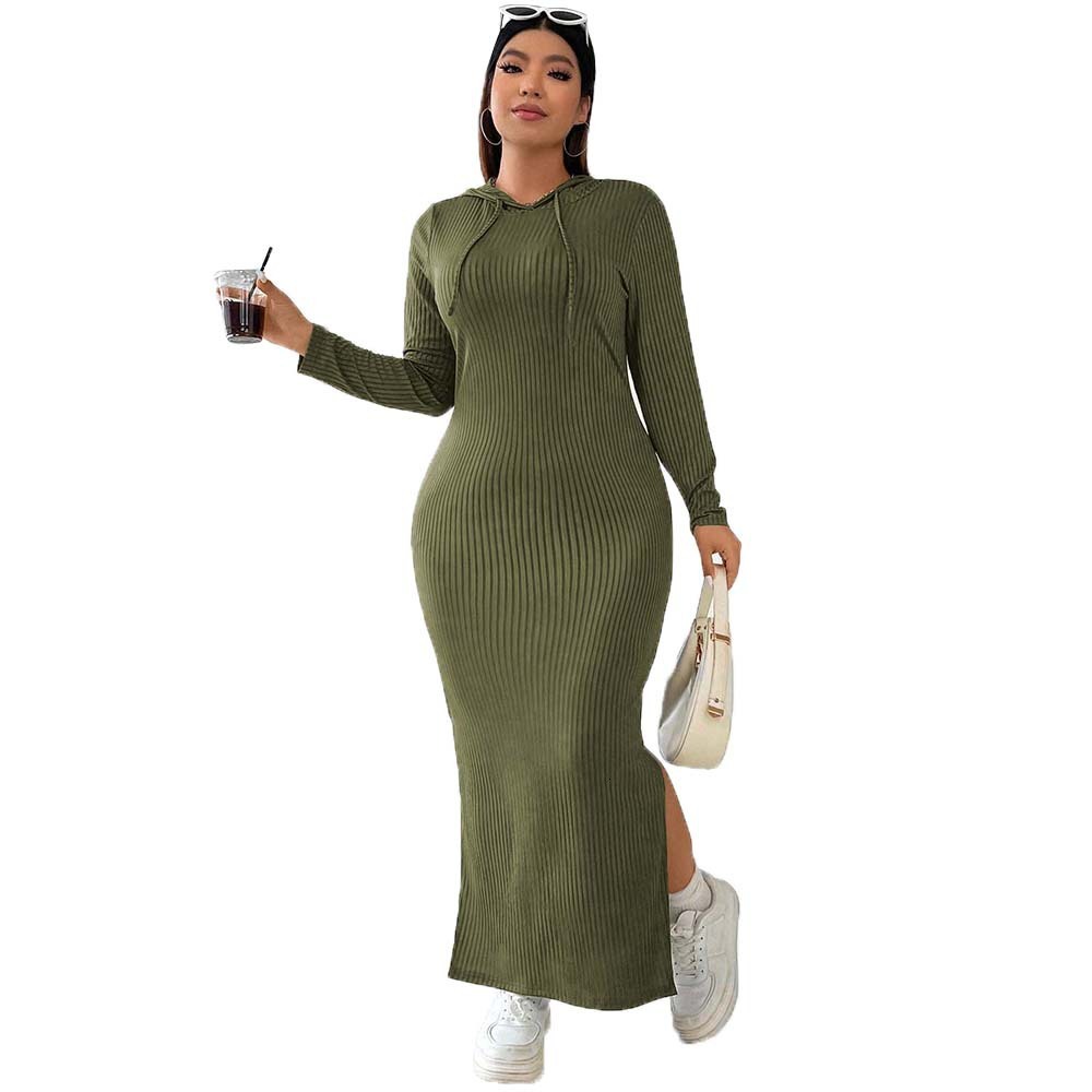 New Plus Size Womens Instagram Hooded Dress for Autumn and Winter Simple and Tight Fitting Hip Hugging Long Skirt